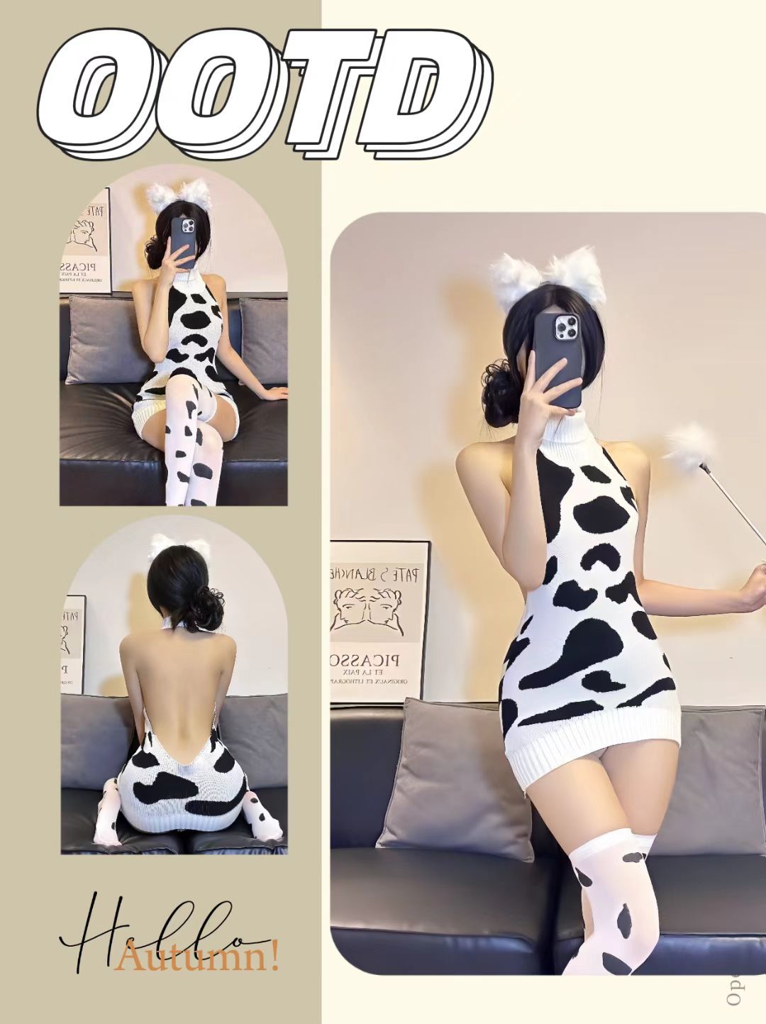 Backless Knitted Cow Costume Set with Turtleneck Sweater Dress and Stockings — detail image 3