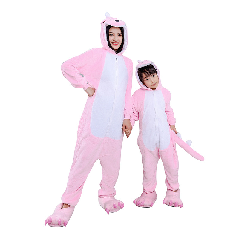 Otoño e invierno de dibujos animados de una sola pieza animal ropa de casa padre-hijo dinosaurio franela rendimiento ocio hogar entrega de una sola pieza al por mayor