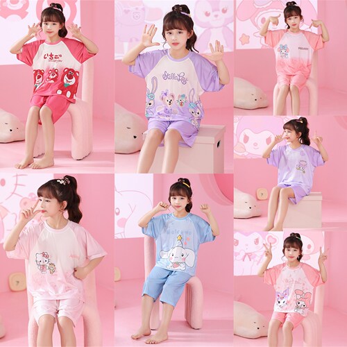 Girls pajamas summer ice silk short-sleeved thin children's suits summer mother-daughter parent-child home clothes for older children and girls