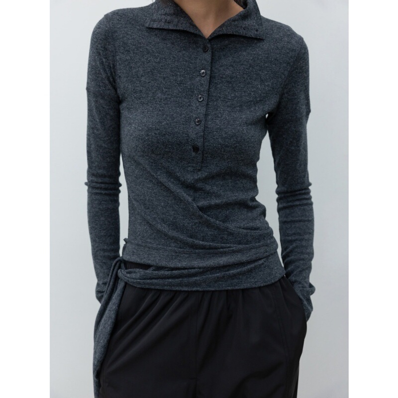 Longmei stylish half-turtleneck tie-front top for women, 2026 early autumn new Korean-style LC asymmetrical ribbed long-sleeve T-shirt Longmei stylish half-turtleneck tie-front top for women, 2026 early autumn new Korean-style LC asymmetrical ribbed long-sleeve T-shirt