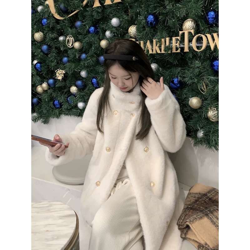 겨울 새로운 더블 브레스트 영국 스타일 수직 칼라 모조 밍크 모피 원피스 모피 코트 여성의 젊은 트렌디 코트