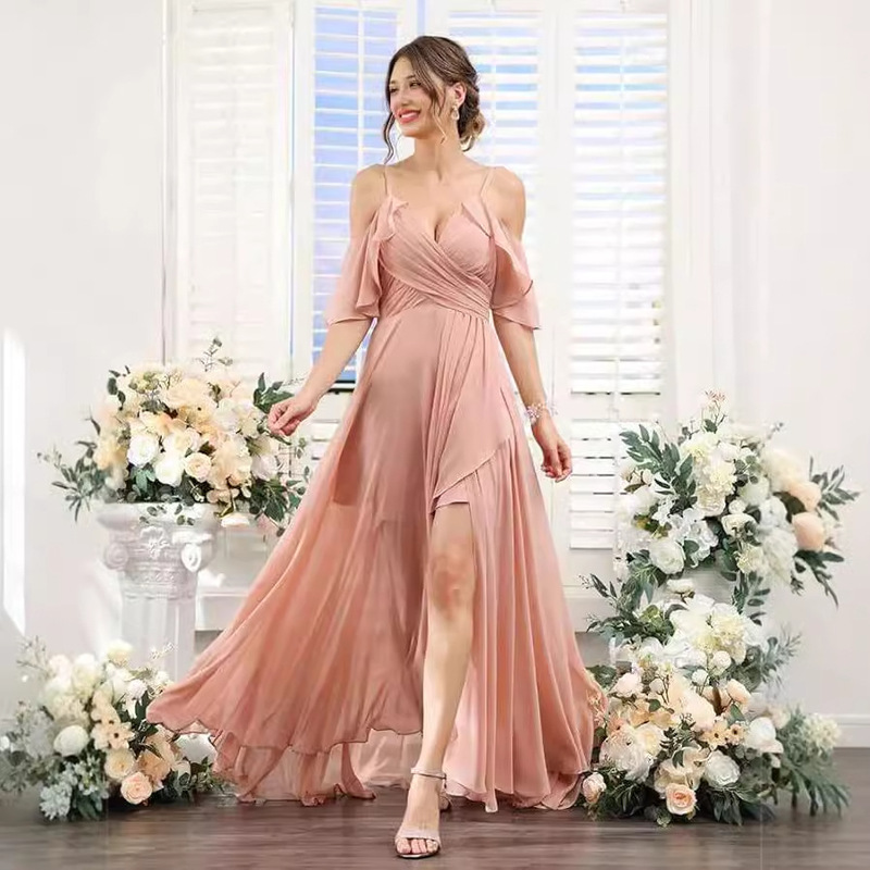 Amazon Women Evening Dress A- Line V-Neck Chiffon Bridesmaid Dress Party Dinner Asymmetrical Sling Dress
