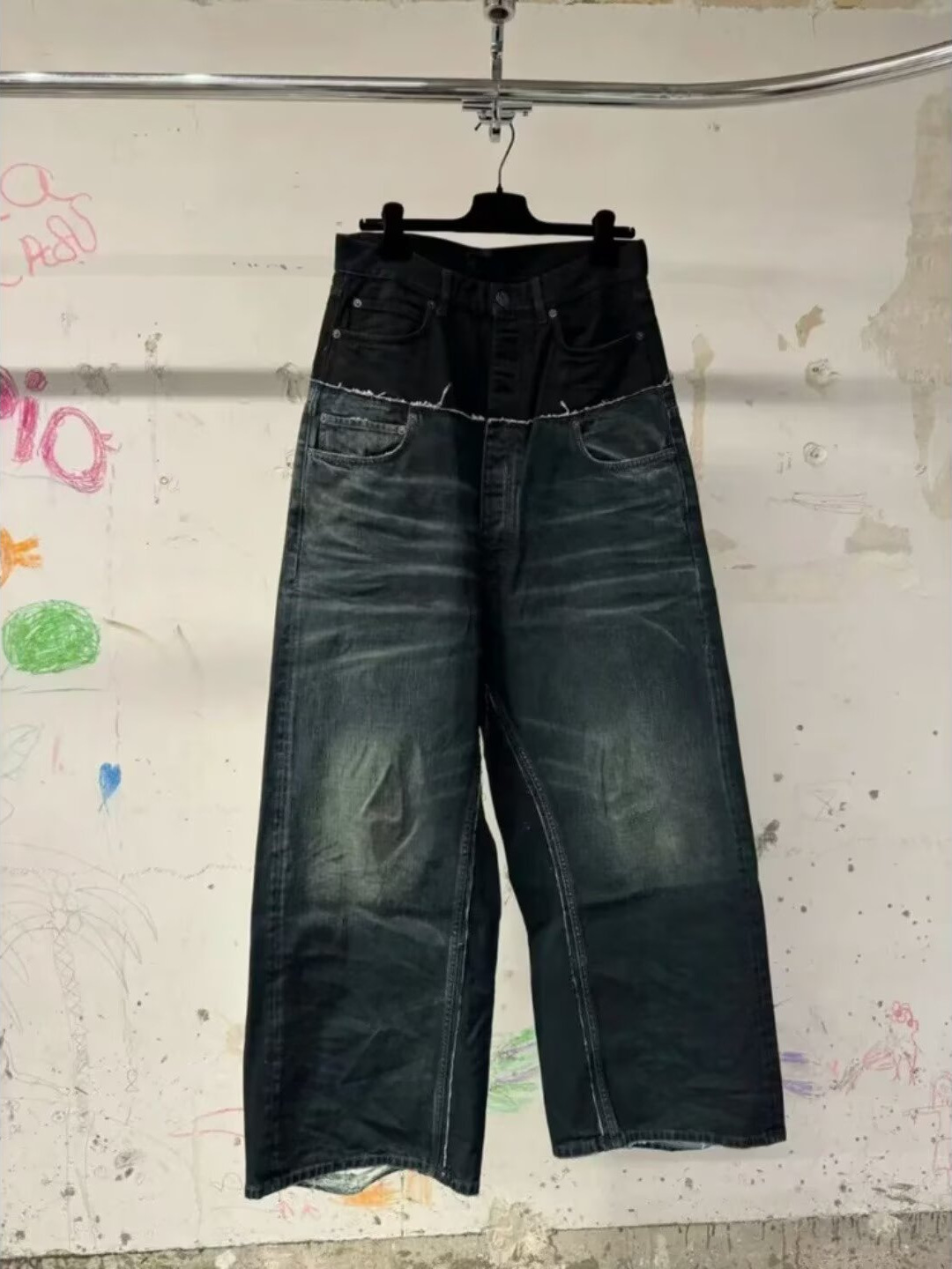 Balenciaga Jeans Double Waistband Wide Leg Washed Black