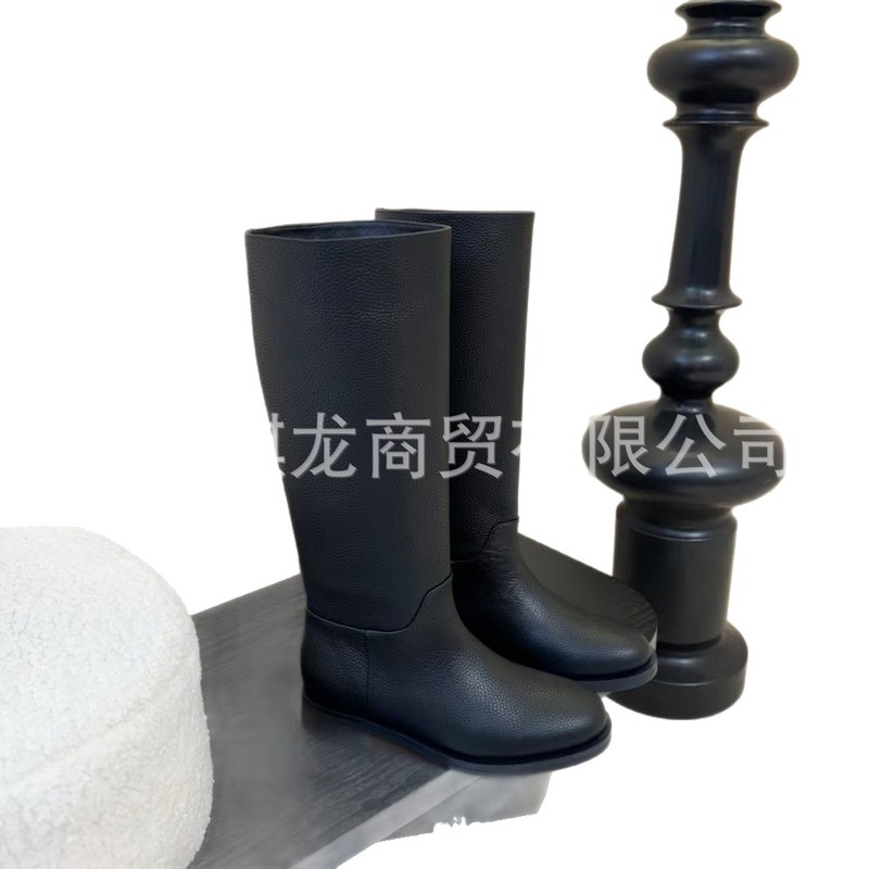 25ss秋冬新款简易荔枝纹真皮圆头平跟高筒骑士靴一脚蹬直筒长靴女|undefined