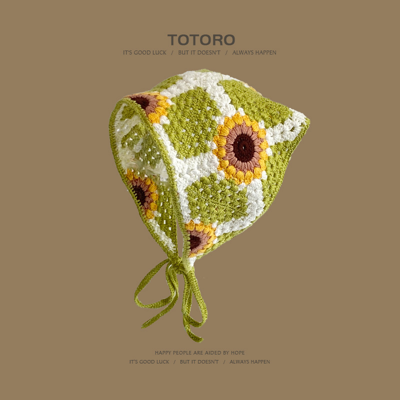 Turbante retro francés, bufanda triangular para mujer, diadema, salida de primavera y verano, dulce y lindo, estilo artístico de ganchillo hecho a mano, sombrero de Baotou