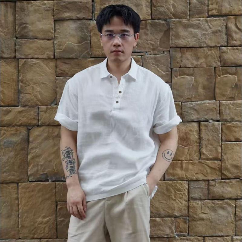 藏青色冰丝亚麻短袖POLO衫男士夏季薄款高级感老钱风宽松半袖上衣|undefined