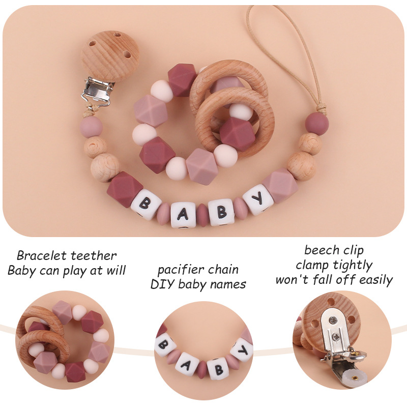 Suministros para bebés de haya clip pezón cadena creativa DIY bebé octogonal silicona mordedor pulsera juguete conjunto de dos piezas