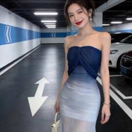 御姐绝美气质一字肩蓝色晚礼服裙女高级感渐变色网纱包臀鱼尾长裙