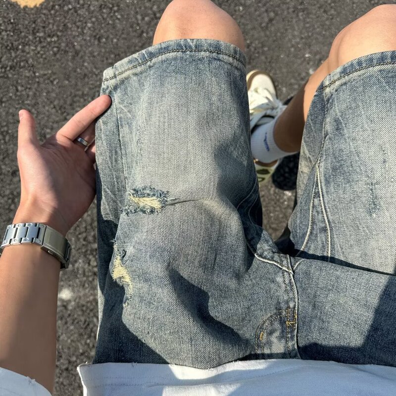 Washed Ripped Denim Shorts Men's Summer Trendy American Style Handsome Casual Street Design Mid-Pants 2025