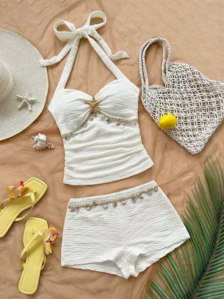 Cross-Border European and American Women's Clothing, Holiday Style Pleated Halter Top with Starfish and Shell Decorations, High-Waisted Casual Shorts Two-Piece Set