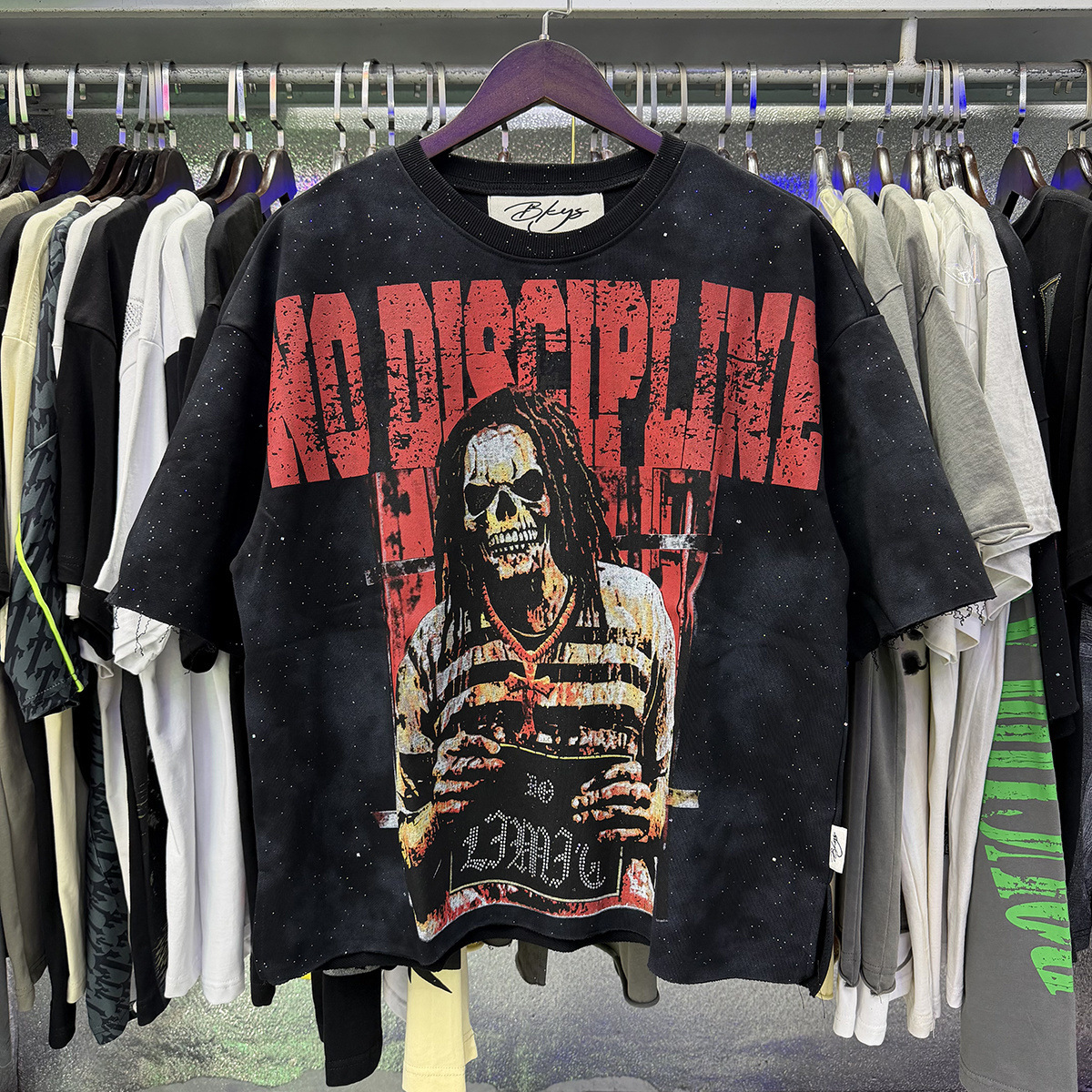 Transfronterizo nueva venta en caliente BKS camiseta de manga corta extraña esqueleto retro lavado de agua caliente perforación en caliente para hombres y mujeres de moda en stock lotes