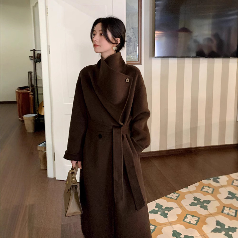 Camel Wool Double-Sided Woolen Coat for Women, New Autumn and Winter Fashion, Thickened and Lengthened Wool Coat with Large Lapels