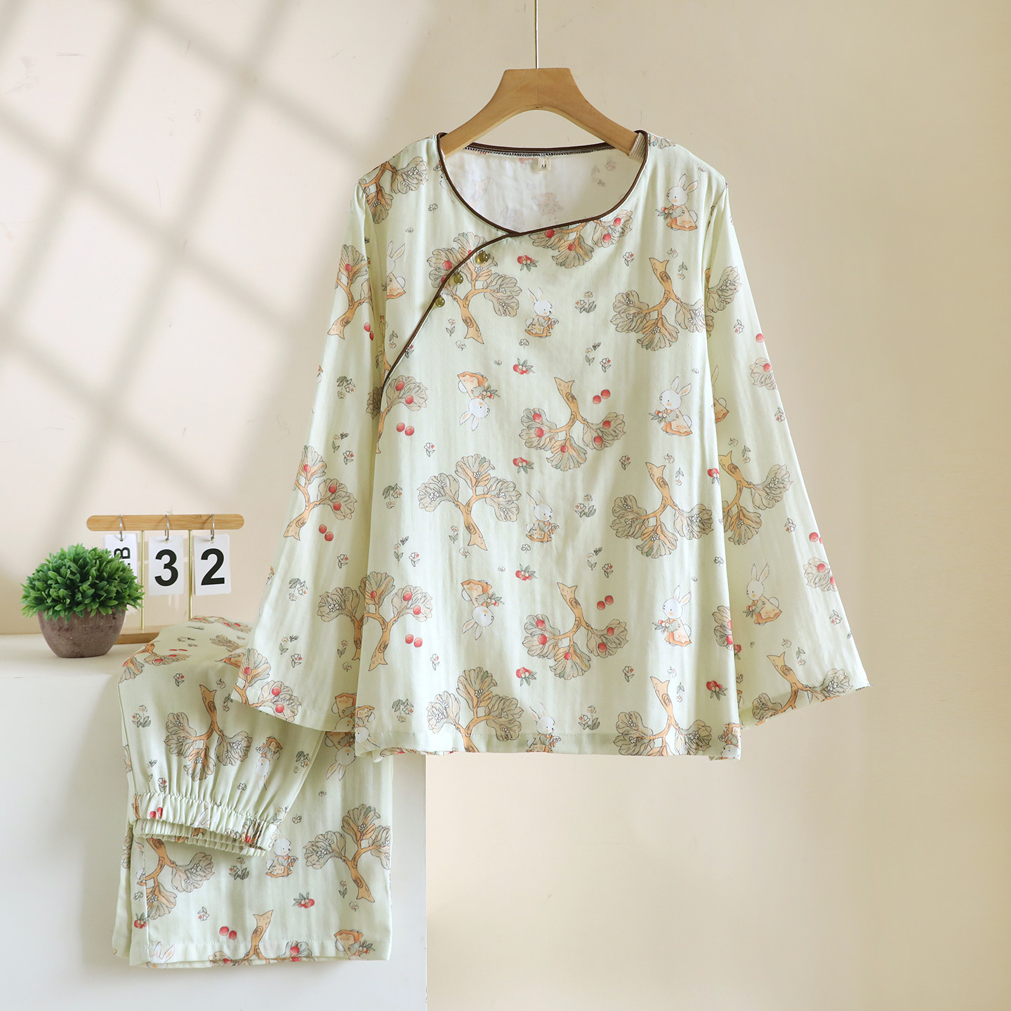 2026 Frühjahr/Sommer Neues Damen-Pyjama-Set 100% Baumwollgaze Chinesischer Stil Rundhals Dünne Ärmel Lange Hose Lose Hauskleidung – Detail 5