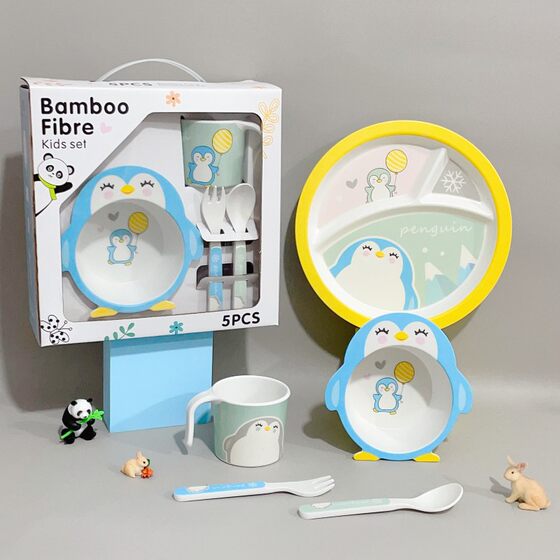 Bamboo fiber children's tableware suit baby cartoon grid plate Rice Bowl Bowl Cup spoon Fork maternal and infant shop gift