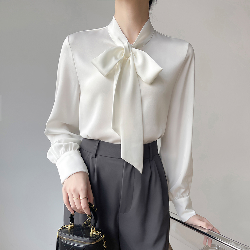 Satin White Shirt Women's Long-sleeved All-match Commuter Business Wear Interview Shirt Bow Ribbon Top