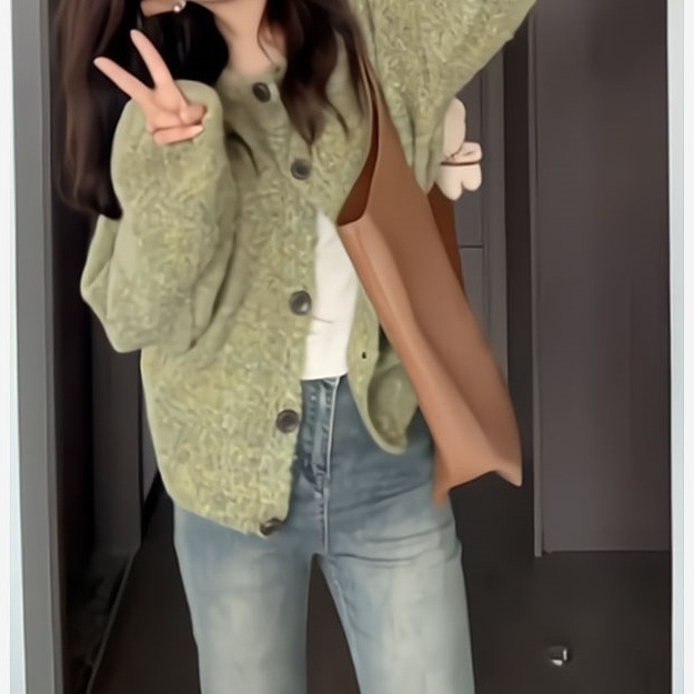 绿色宽松短款圆领针织开衫毛衣外套女秋冬韩系慵懒风厚设计感上衣|undefined