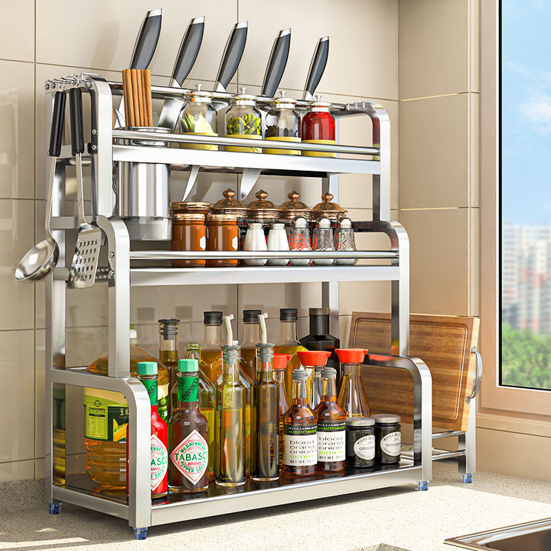 加厚不锈钢落地多层调味调料架刀架多功能厨房收纳架多功能免打孔