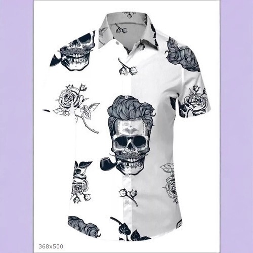 2026 Summer Men's Short-Sleeved Collared Shirt with Skull Print and Color-Blocking, Loose Fit, Sporty Casual Shirt 2026 Summer Men's Short-Sleeved Collared Shirt with Skull Print and Color-Blocking, Loose Fit, Sporty Casual Shirt