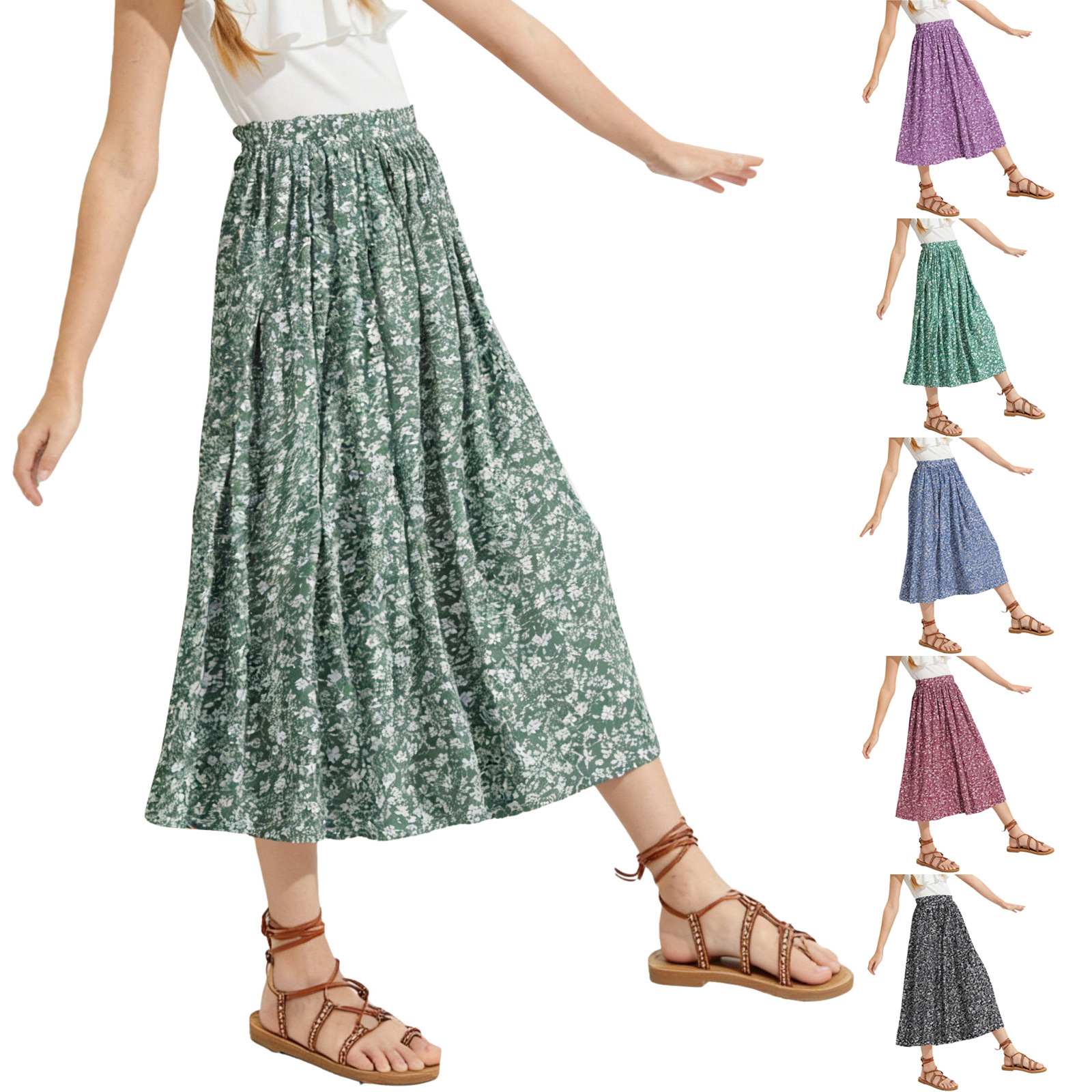 Cross-Border European and American Girls' Floral Long Skirt, Elastic Waist Straight A-Line Skirt, Printed Children's Casual Skirt