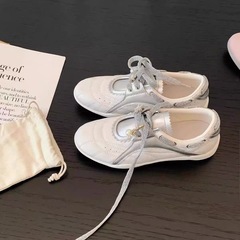 软皮版~增高5cm芭蕾德训鞋女2025新款珍珠系带板鞋拼色阿甘休闲鞋