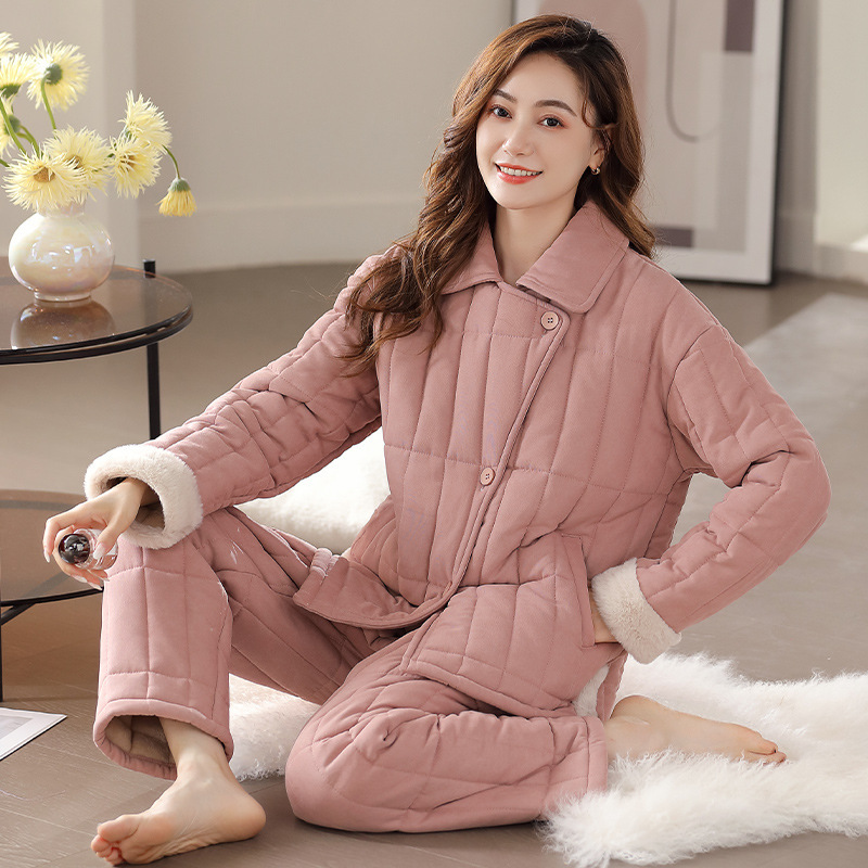 New Style Pajamas Women's Winter Coral Fleece Three-Layer Cotton-Padded Jacket Thickened fleece-lined Warm Flannel Home Clothes suit