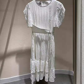 品牌女装687长款连衣裙品牌专柜圆领松紧收腰白色裙子