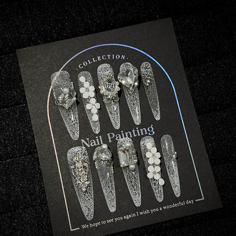 Purely Handmade Wearable Nails, High-End White Lace Long Manicure Pieces, Heavy-Duty Sparkling Fake Nail Patches, Removable Purely Handmade Wearable Nails, High-End White Lace Long Manicure Pieces, Heavy-Duty Sparkling Fake Nail Patches, Removable