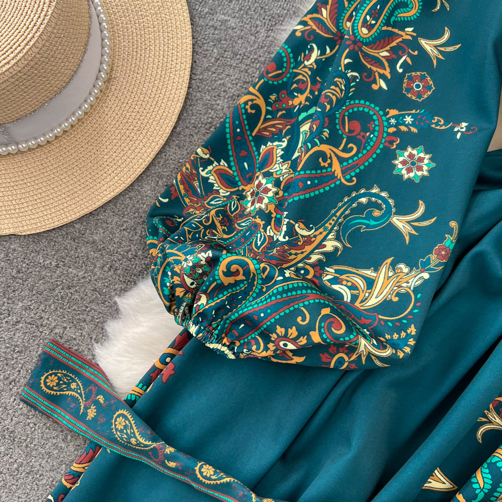 Retro Court Style Lantern Dress Long Sleeved V Neck Belted a Line Printed Elegant Full Skirt for Women_ecoleips.com