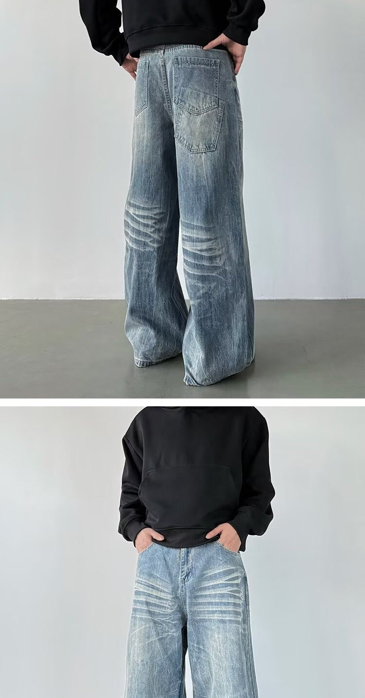 Men's Streetwear Jeans - Relaxed Fit With Lightning Bolt & Whisker Washes For Urban Casual Style_mkmklike.com