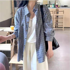 Polo领长袖格子衬衫女春夏季薄款休闲宽松显瘦开衫防晒服上衣外套