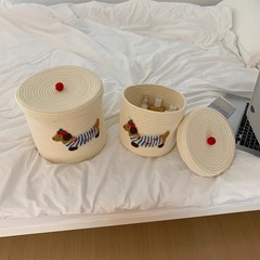 かわいい子犬収納バスケット編み綿バスケット大容量蓋付き防塵収納バケツ家庭用雑物収納かご