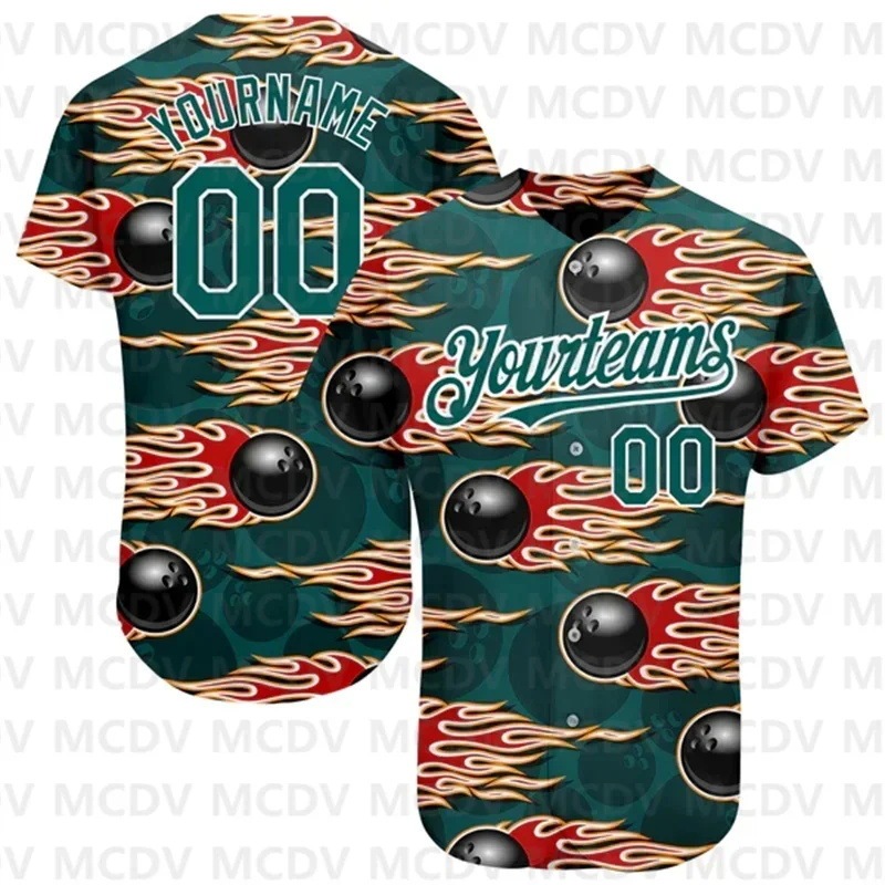 Cross-Border American Retro Cardigan Baseball Jacket for Men and Women with Flame Bowling 3D Digital Print Casual Sports Jersey Cross-Border American Retro Cardigan Baseball Jacket for Men and Women with Flame Bowling 3D Digital Print Casual Sports Jersey