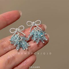 超仙蓝色蝴蝶结流苏耳钉高级感气质小众耳环简约设计感显瘦耳饰女