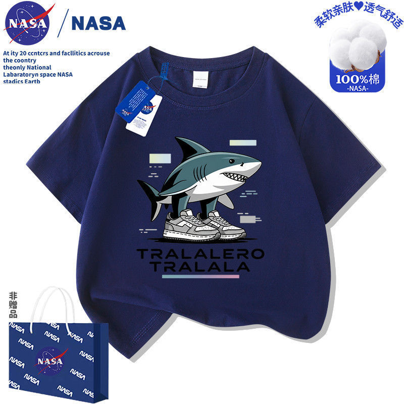 NASA 山海経 子供用 アメリカン半袖Tシャツ ウッドスティックマン 男女兼用 子供服 シューズ シャークプリント トップス|undefined