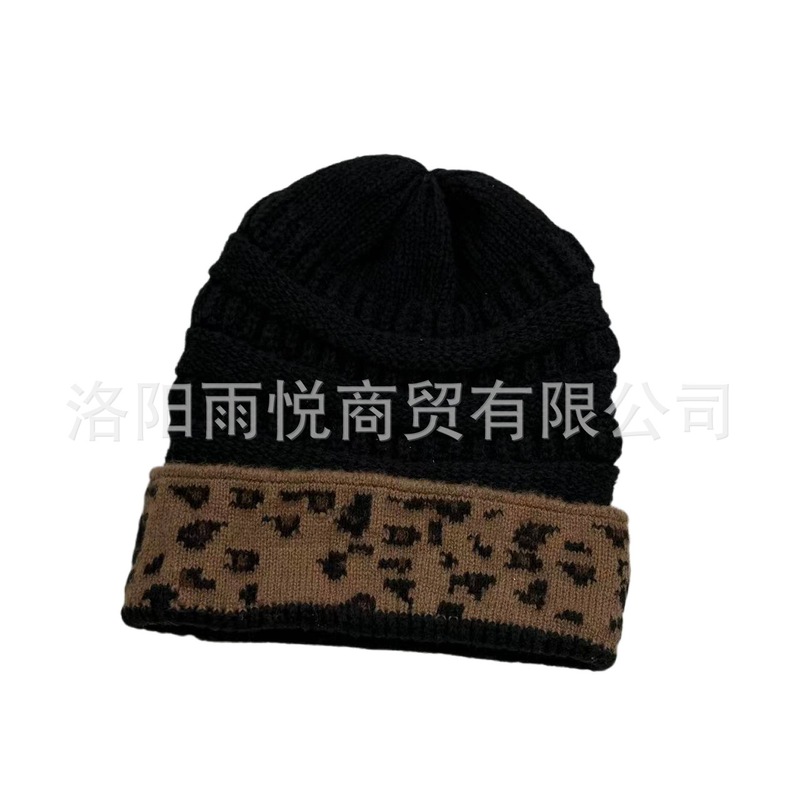 新款豹纹翻边秋冬腈纶针织帽情侣帽ebay速卖通帽户外女士毛线帽|undefined