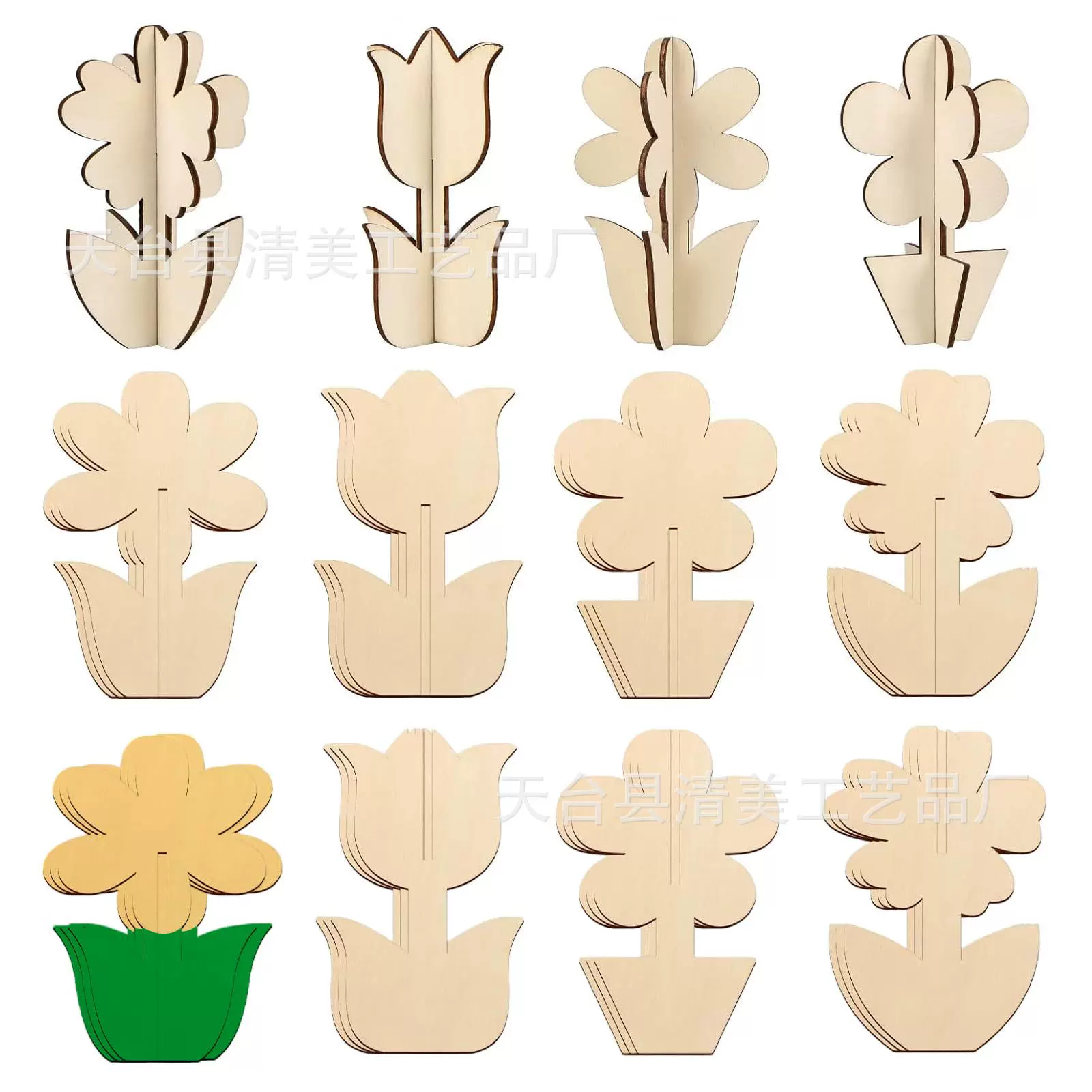 花卉春天木质工艺品 4种风格3D花卉未完成的木雕装饰品绘画装饰