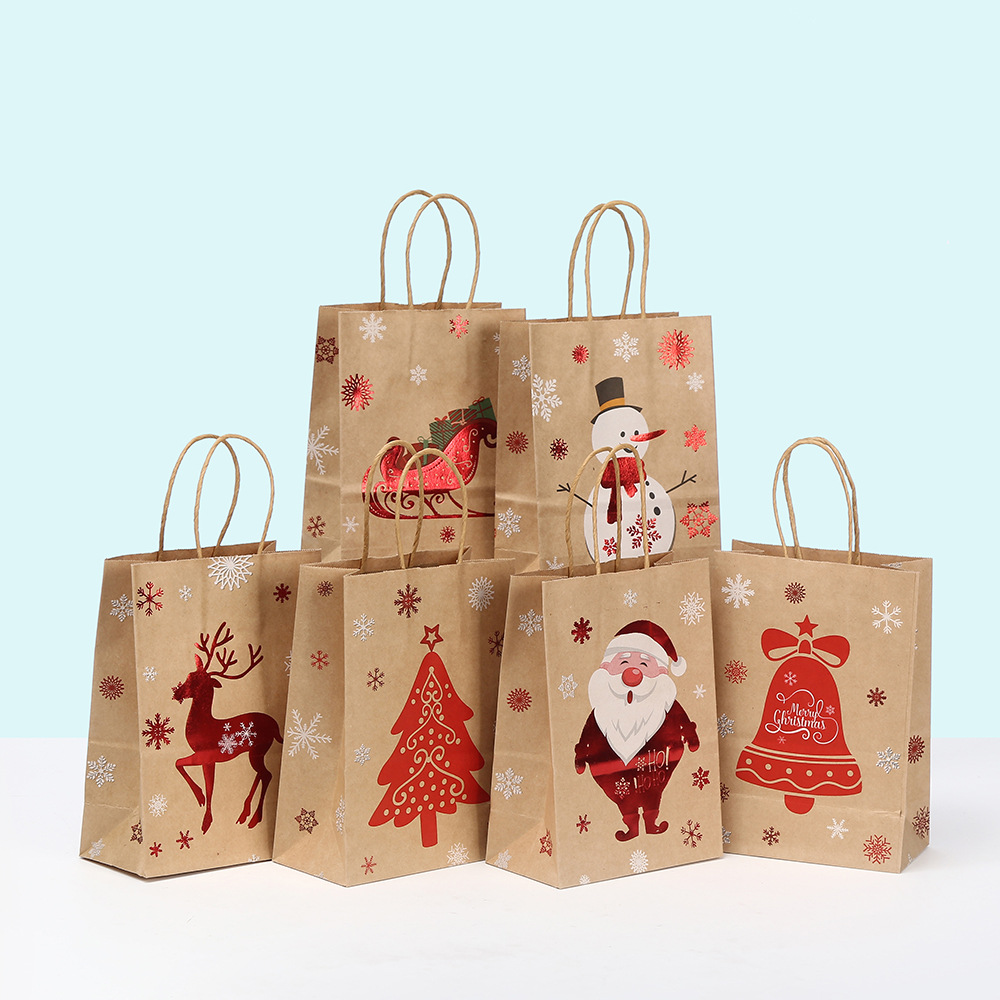 新款烫金圣诞手提纸袋 麋鹿雪花圣诞树 平安夜礼物棕色牛皮纸礼品