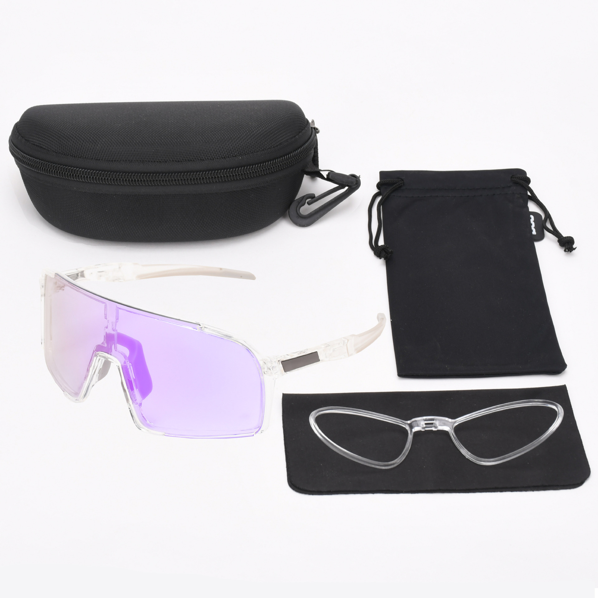 UY057 밝은 반투명 프레임 회색 다리와 꼬리 전체 보라색 색상 변경 필름(단일 안경 + 렌즈 가방 + 근시 내부 링 + EVA 지퍼 상자)
