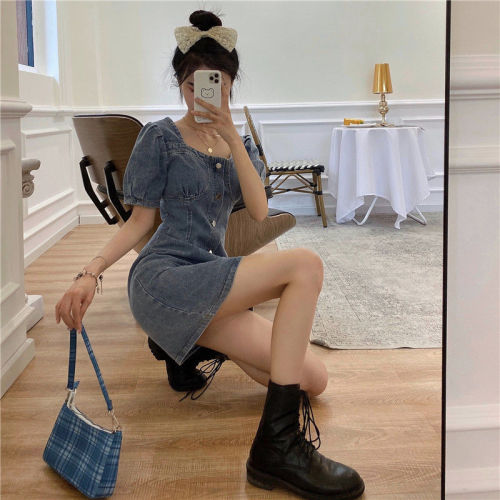 Age-defying French denim dress for women, summer size large, for plus-size women, bubble sleeves, waist-cinching, slenderizing, covering belly and back, strap dress