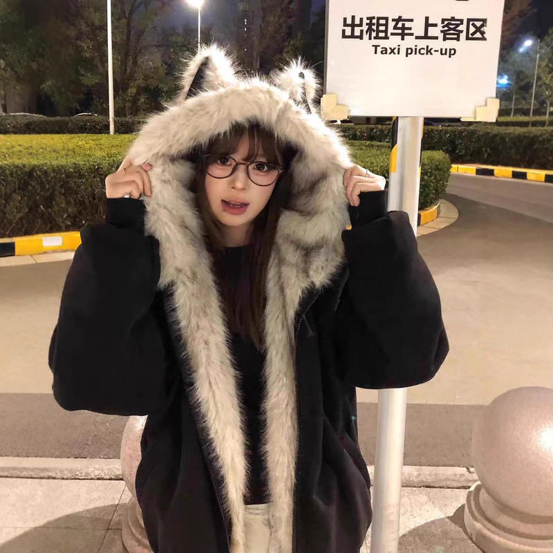 [Customizable] Black Mountain Carving Cat Ear Jacket for Men and Women, Fur Collar, Padded Style, Autumn and Winter Couple's Cotton Coat