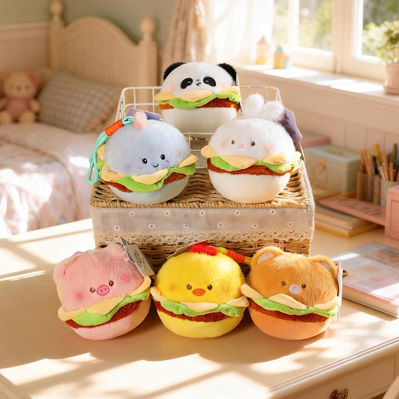 Cute Animal Burger Series Pendants, Adorable Panda and Pig Plush Toys, Doll Bag Charms Wholesale