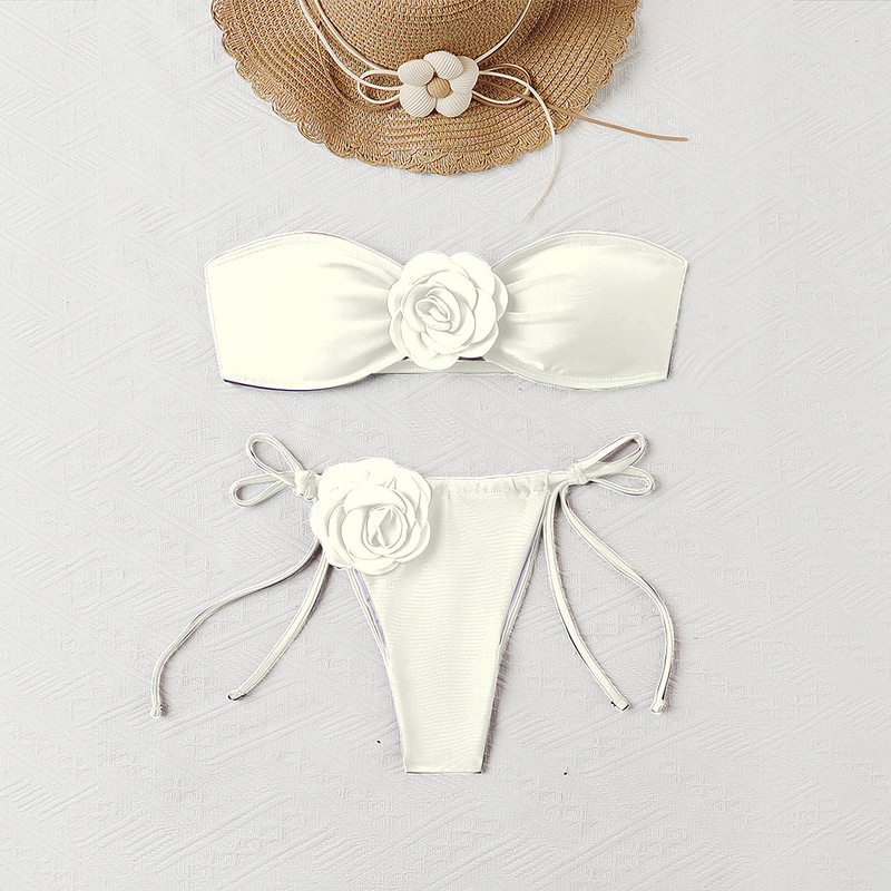 European and American New Style Solid Color Rose Strapless Drawstring Tie Split Swimsuit Bikini Cross-Border Swimwear