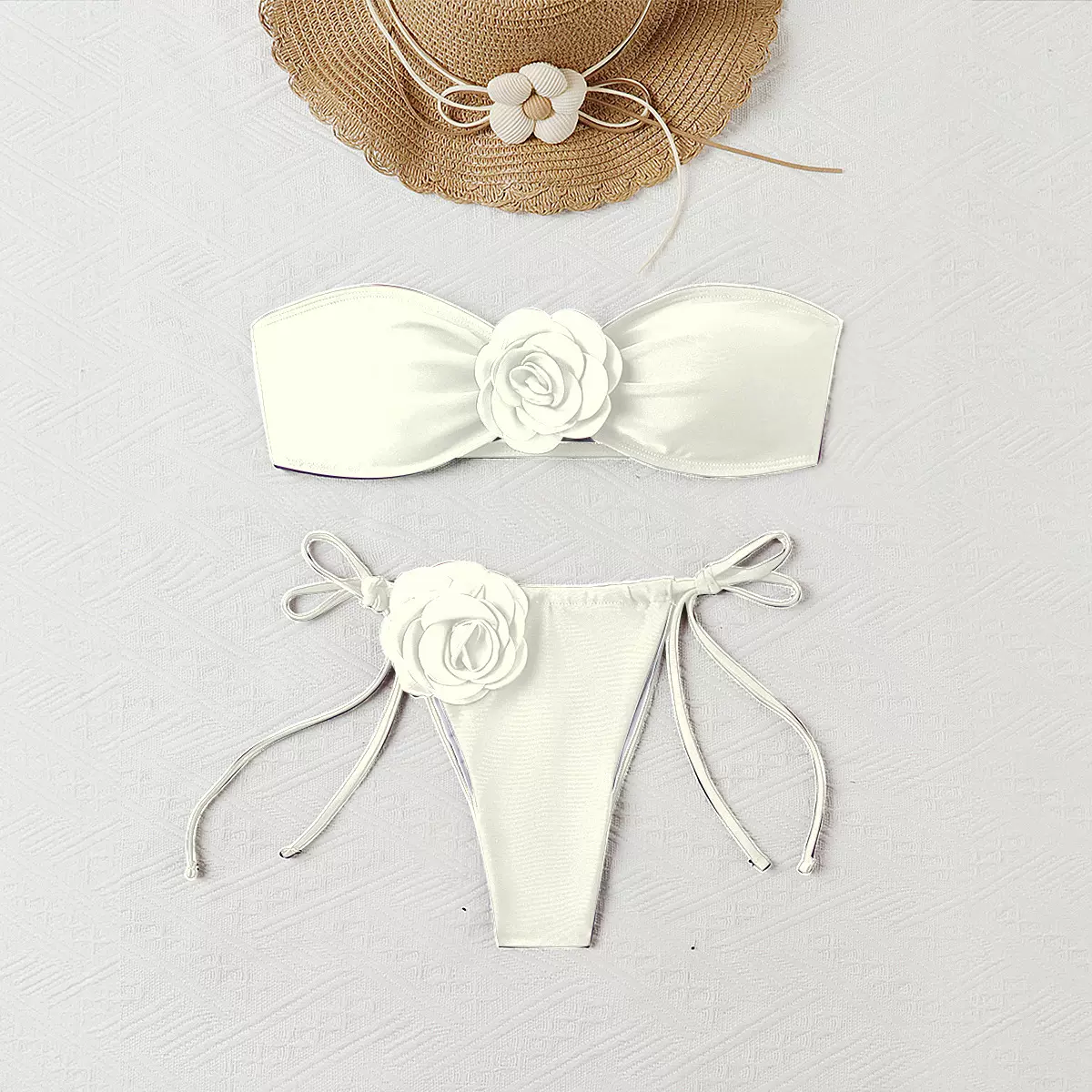 2024欧美新款纯色玫瑰抹胸抽绳绑带分体泳衣比基尼bikini跨境泳衣