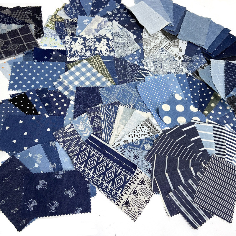 Denim Patchwork Fabric Set for Student DIY Fabric Art, Printed Fabric Scraps Design, Fabric Patches, Small Pieces