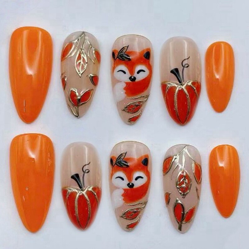Cross-Border Hot Selling 30 Pieces of Orange Fake Nails, Cute Fox Pumpkin Nail Art, Golden Leaves Suitable for Autumn and Winter