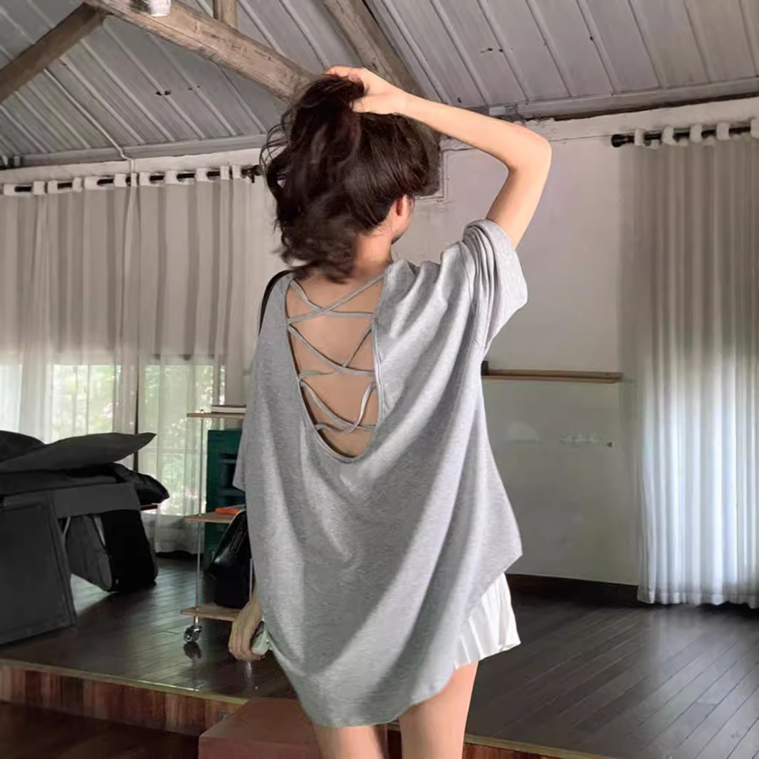 Camiseta de manga corta sin espalda de gran tamaño con máquina de cuidado para mujer 2024 verano nuevo estilo perezoso casual suelto top de longitud media image 5