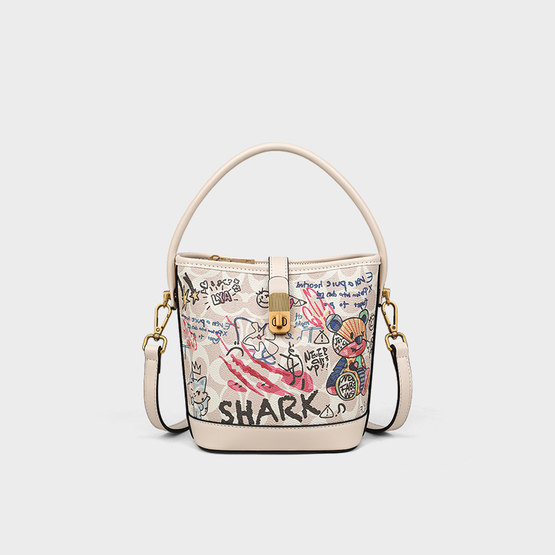 Túi bucket nữ đeo chéo họa tiết graffiti thiết kế độc đáo — kem trắng (viney)