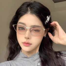 老钱风金属猫眼墨镜女浅粉朋克老钱风金属复古猫眼太阳镜防紫外线