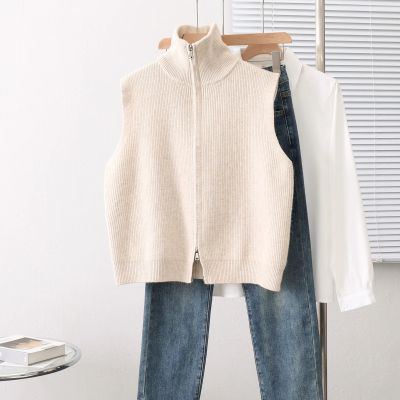 Retro collar de hombro de punto chaleco de mujer otoño invierno nuevo cardigan chaqueta de diseño suéter con cremallera suelta clip de caballo