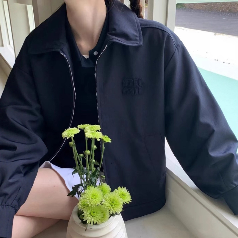 Foreign Trade Cross-Border 25Fw Original Label Miu Miaojia Internet Celebrity Logo Patch Embroidered Lapel Cardigan Jacket for Men and Women